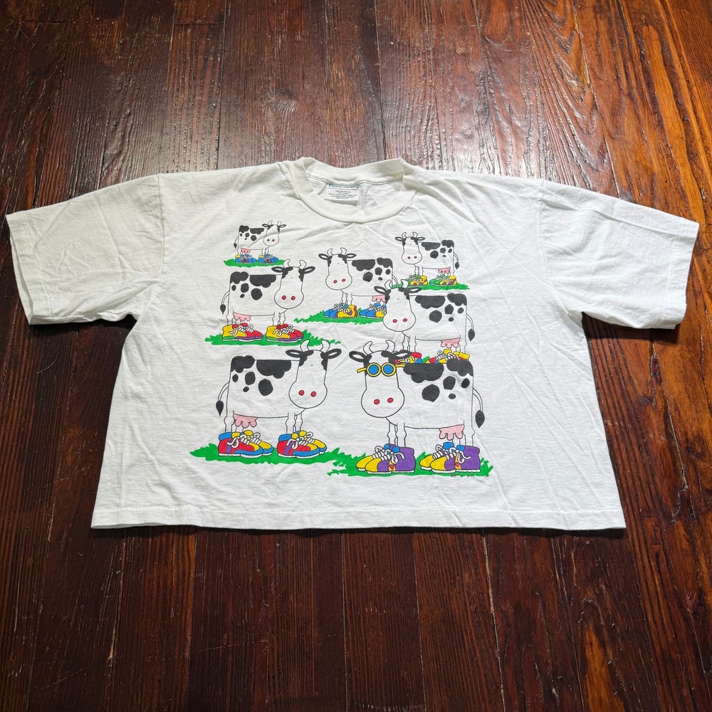 Vintage 1993 Cow Graphic T Shirt Women XL White Boxy Cropped USA Single Stitch
